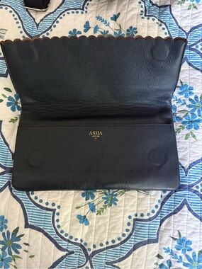 ASHA navy Scalloped Edge Leather Clutch